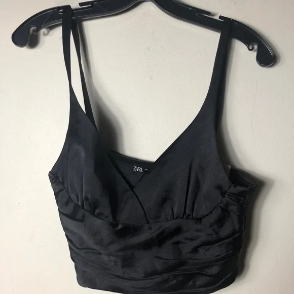 SOLD” SOLD “NWT Black satin crop top, ruched sides. SIZE: SMALL - Picture 2 of 8